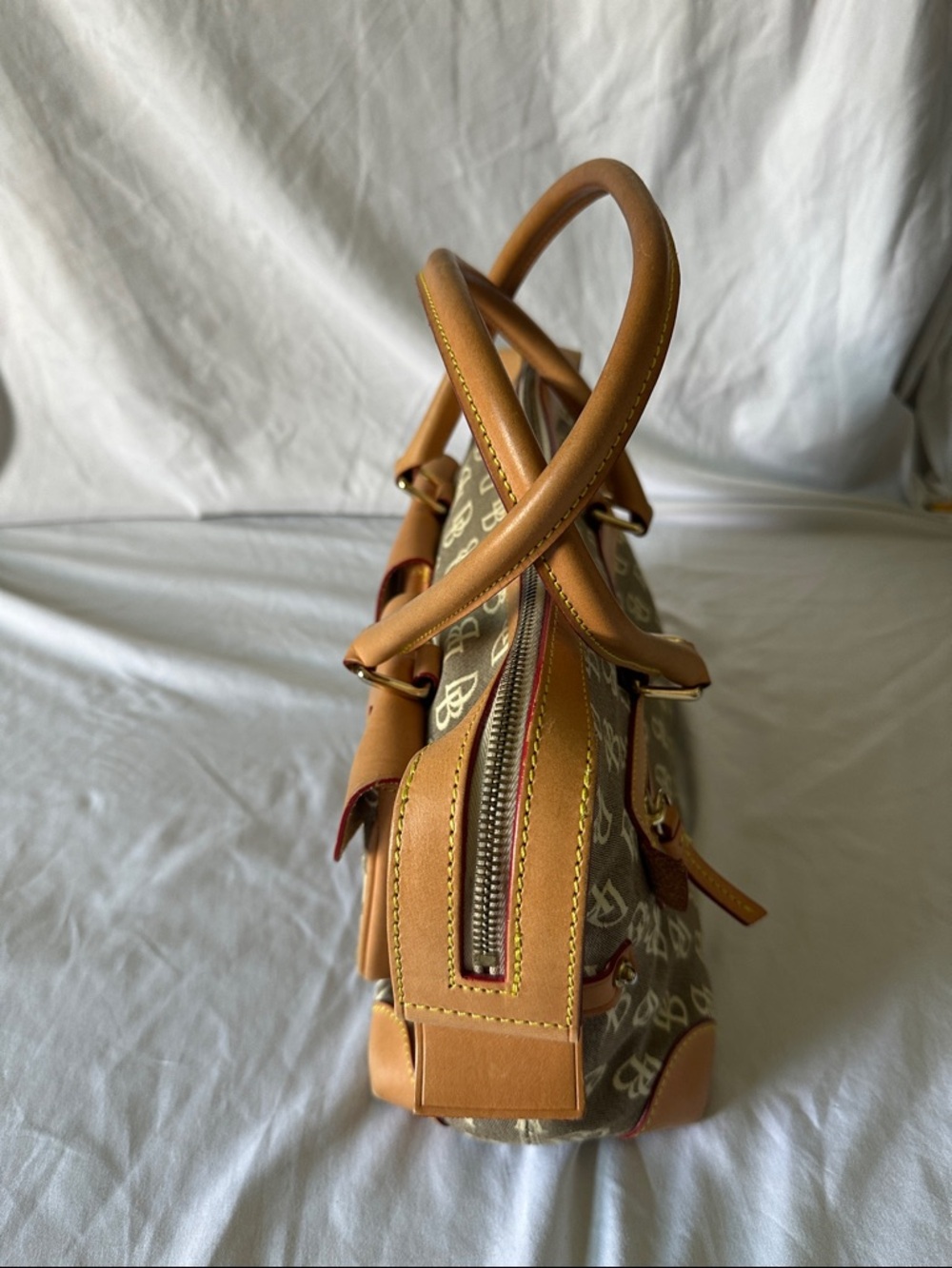 Dooney & Bourke Brown Monogram Satchel with Tan Leather Trim - Picture 2 of 6